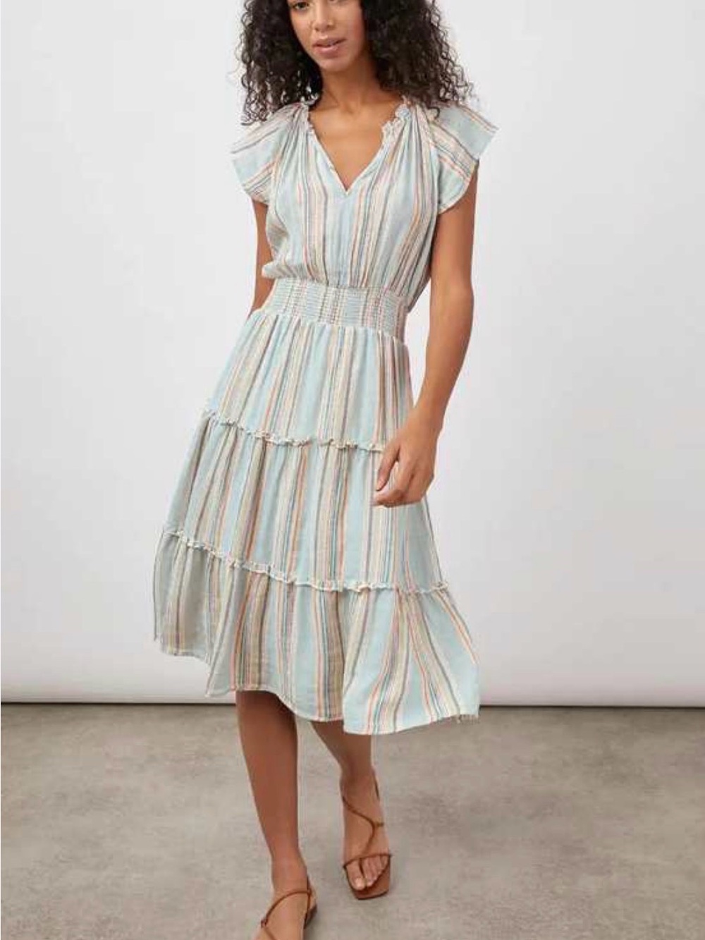 Rails Amelia Tiered Midi Dress Linen Blend Sag Harbour Stripe Women’s Size Large